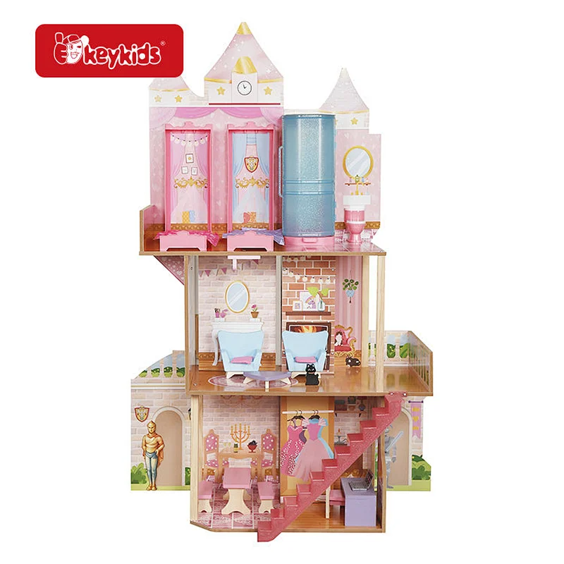 2026 New Wooden Princess Castle Dollhouse with 3 Floors and Furniture Accessories Pretend Play Toy for Girls W06A707